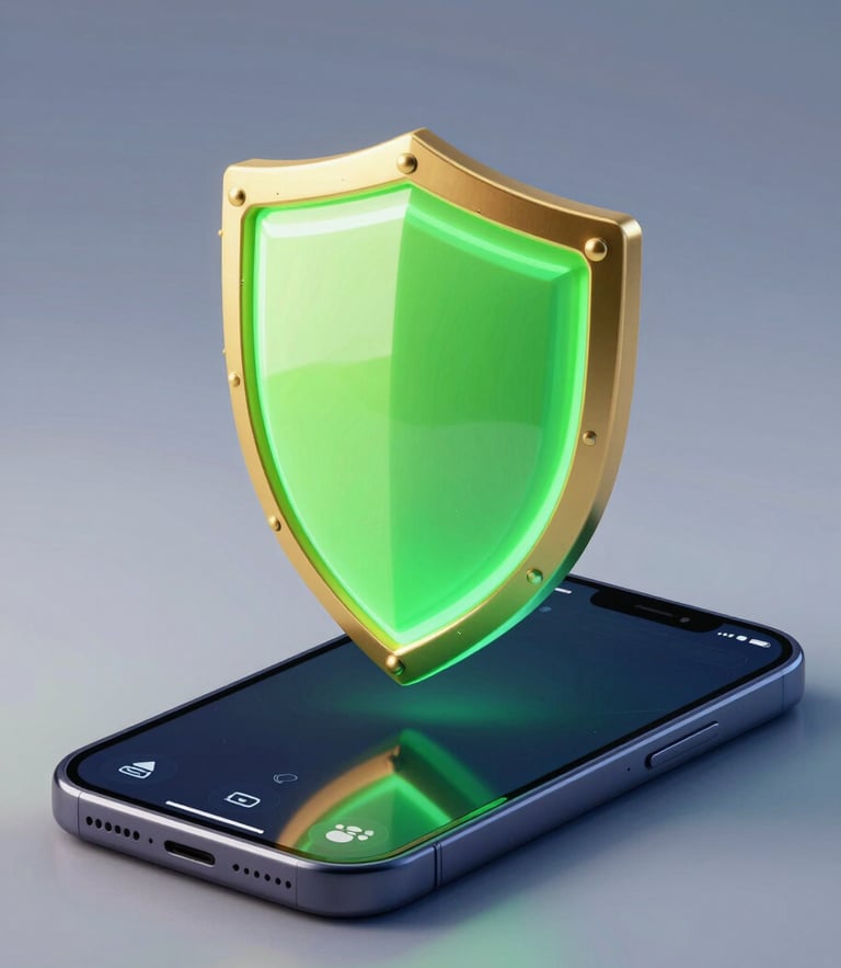 Sleek 3D render of a glowing neon green shield with gold accents, floating over a dark indigo smartphone mockup, high-tech gaming UI, isometric view, studio lighting