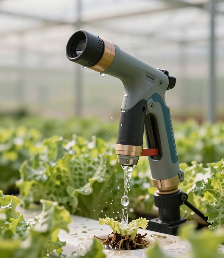 Close-up of a high-tech drip irrigation nozzle watering green lettuce roots in a modern greenhouse, soft morning sunlight, sharp focus on water droplets