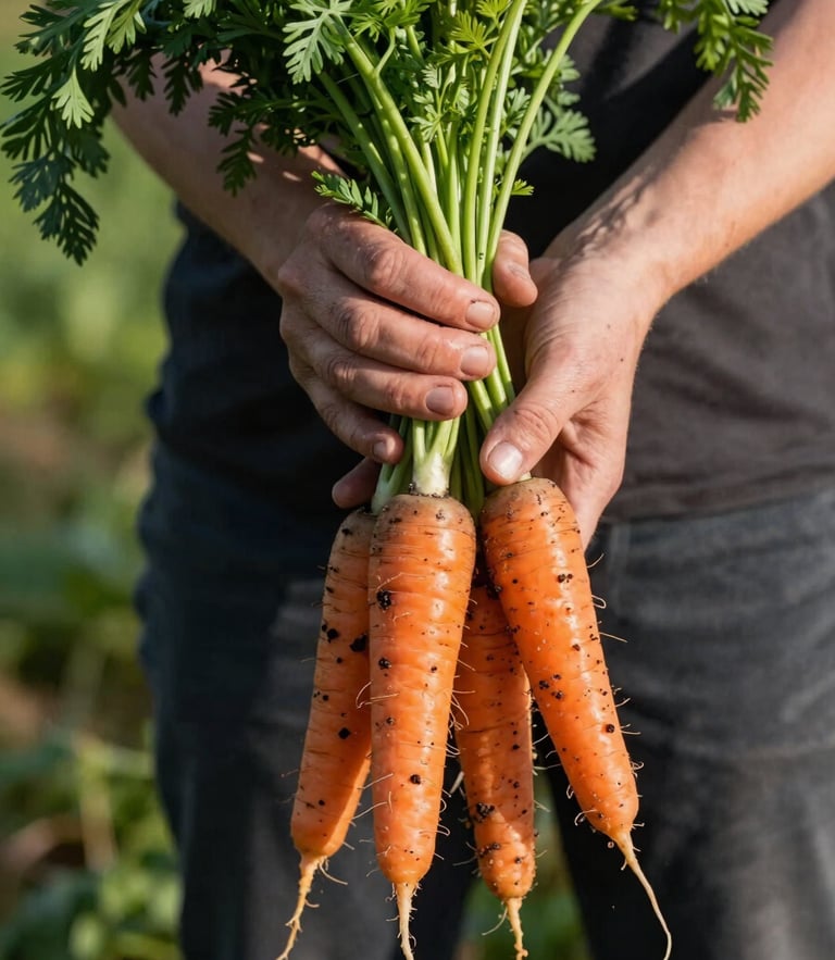 Tactile portrait shot of soil-covered hands holding freshly harvested heirloom carrots with vibrant green tops, soft morning Scandinavian daylight, high-contrast shadows.