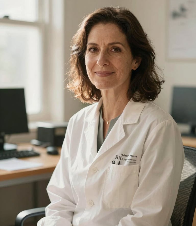 A warm editorial portrait of Dr. Billina in a sunlit workspace, soft natural daylight, muted sage and cream tones, shallow depth of field.