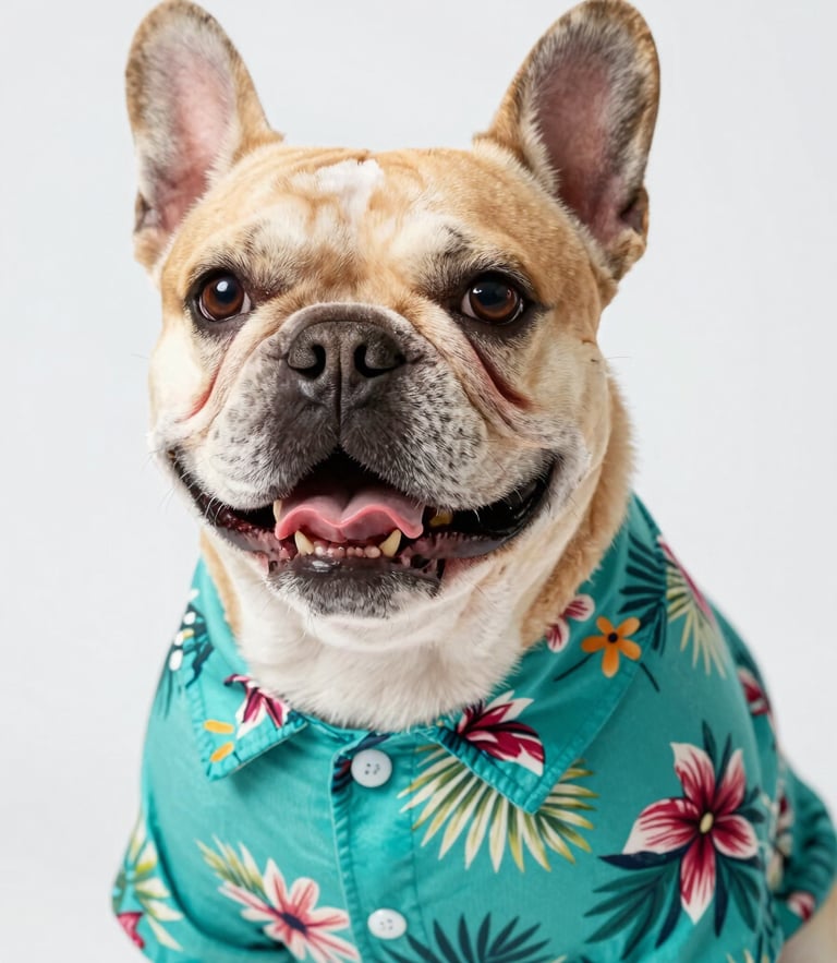 Eye-level close-up of a happy French bulldog wearing a vibrant teal tropical shirt, cheerful studio lighting, shallow depth of field, 35mm