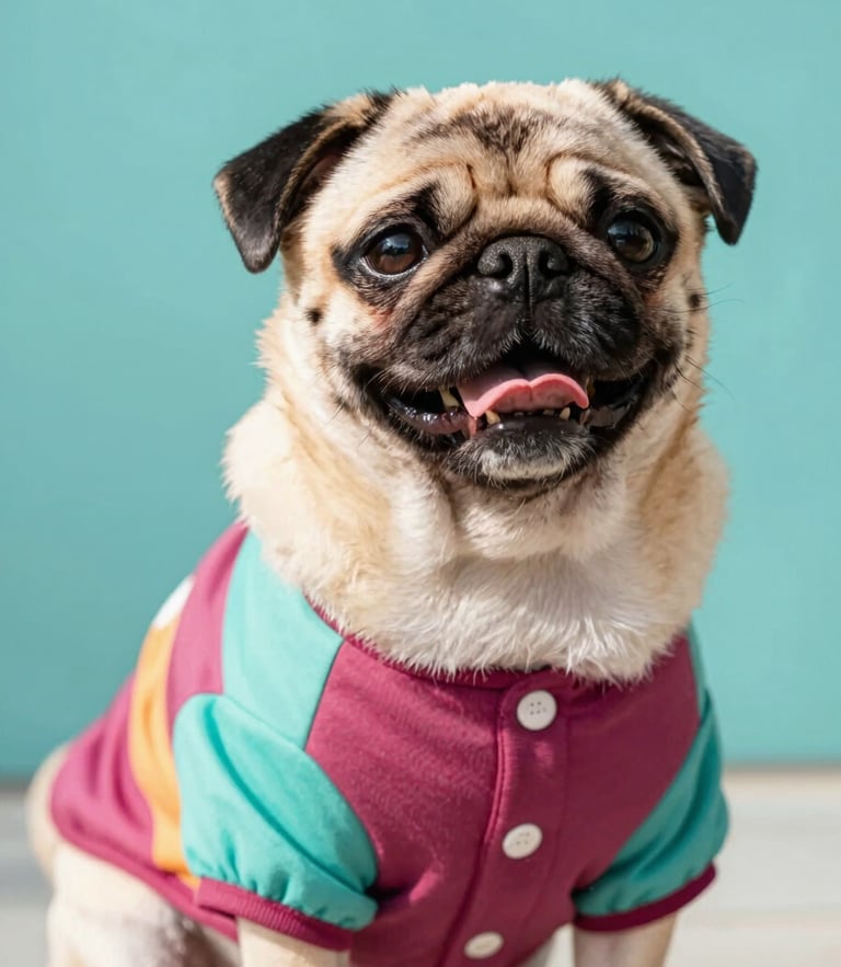 Bright joyful pet photography, a happy pug wearing a colorful custom-tailored shirt, warm natural daylight, teal background, shallow depth of field, 35mm