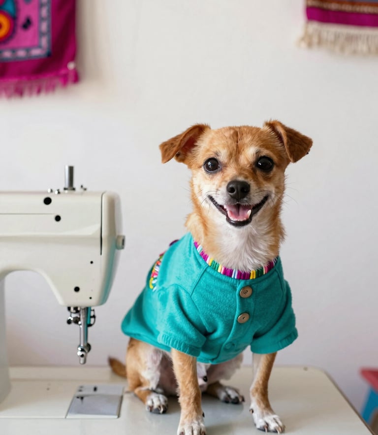 A happy small dog wearing a colorful handmade teal shirt, sitting proudly next to a sewing machine in a bright, warm Mexican workshop, daylight, 35mm