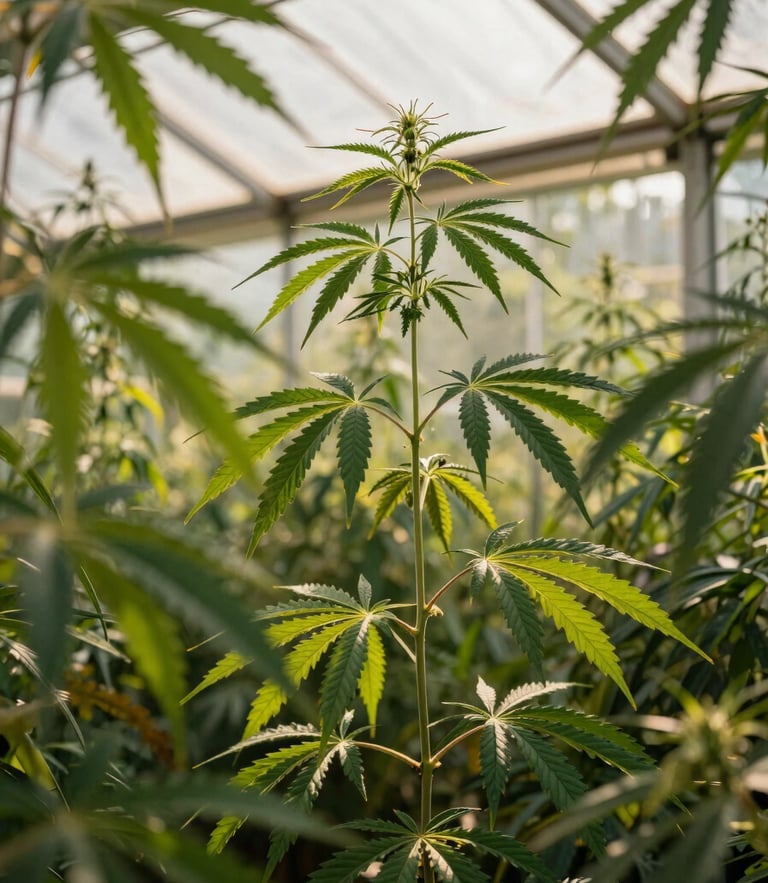Sun-dappled greenhouse canopy in the Emerald Triangle, golden hour light filtering through healthy green cannabis leaves, soft natural shadows.