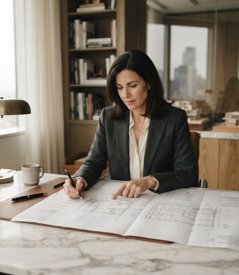 Medium environmental portrait of an executive in a tailored suit reviewing architectural blueprints on a marble desk, soft diffused natural window light, muted warm neutral tones, shallow depth of field, 35mm.