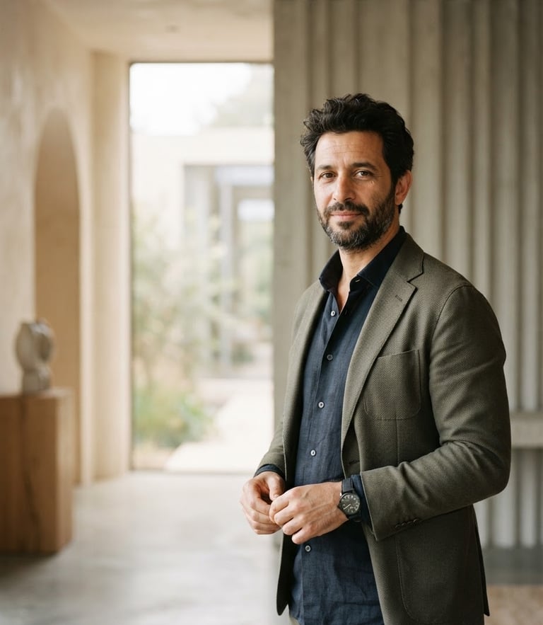 An editorial portrait of Mounnim Zoued in a minimalist architectural space, soft natural window light, muted warm neutral tones, shallow depth of field, 35mm