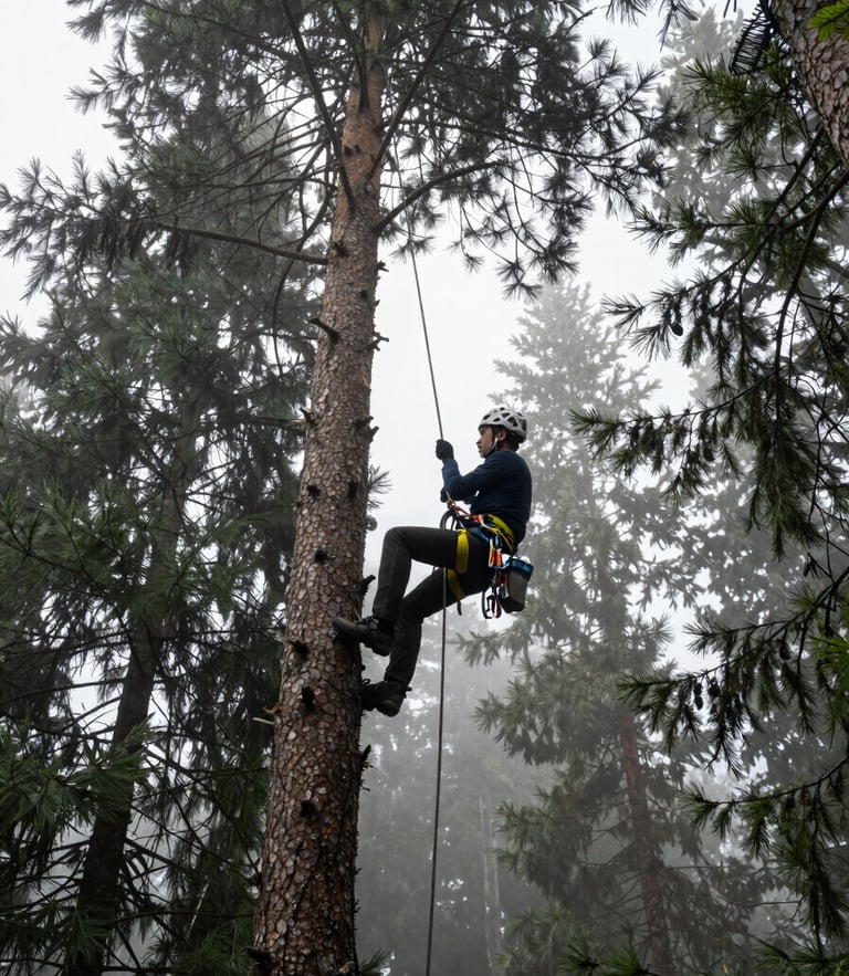 Low angle shot of a professional tree climber in high-visibility gear rigging ropes high in a massive pine tree canopy, misty Black Forest morning light, sharp focus, 35mm