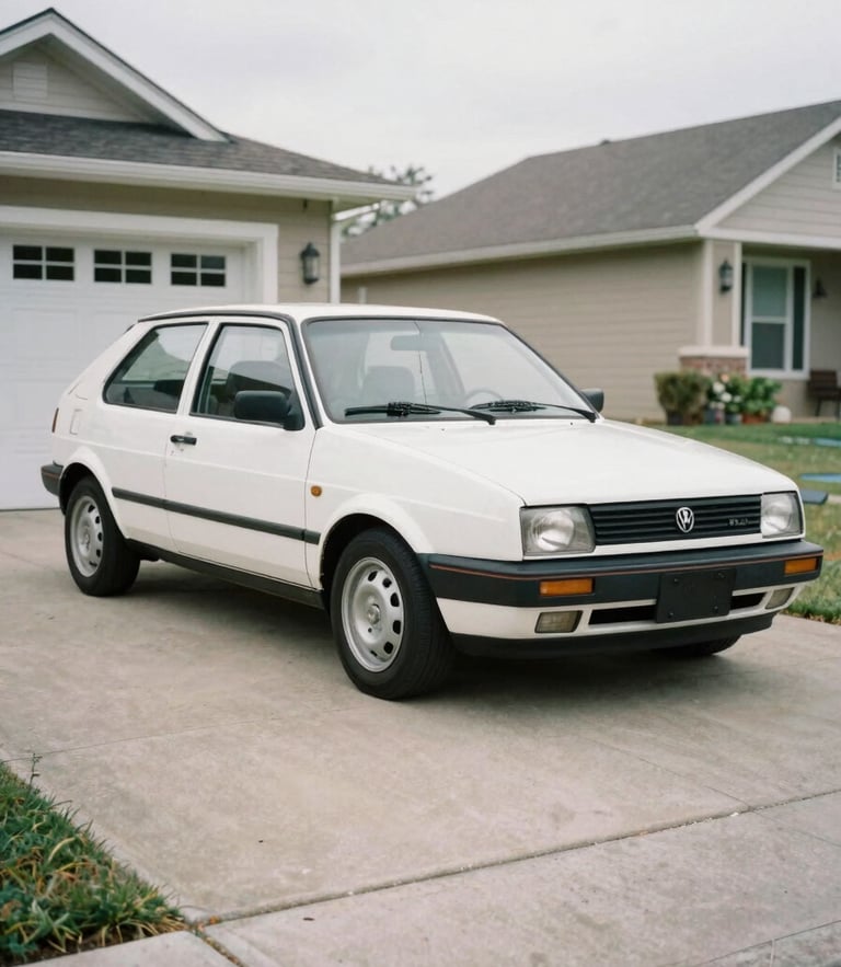 A realistic eye-level shot of a classic hatchback with minor front bumper damage, parked in a clean suburban driveway under overcast daylight, documentary style, 35mm