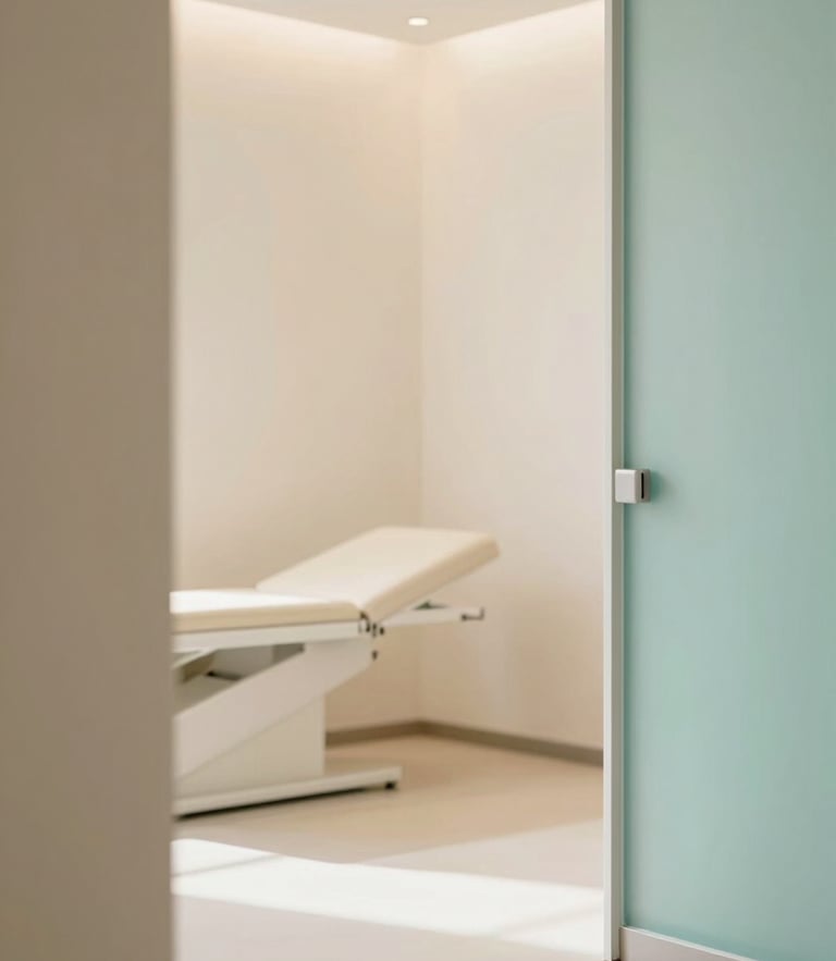 bright clinical photography of a modern minimalist clinic interior, soft diffused natural light, warm beige and soft teal tones, shallow depth of field, 35mm