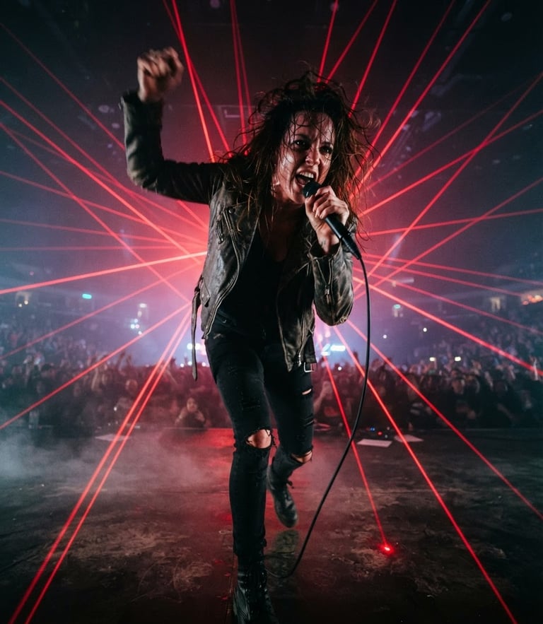 Low-angle action shot of a live concert performer surrounded by electric crimson laser beams and deep shadows, 35mm lens