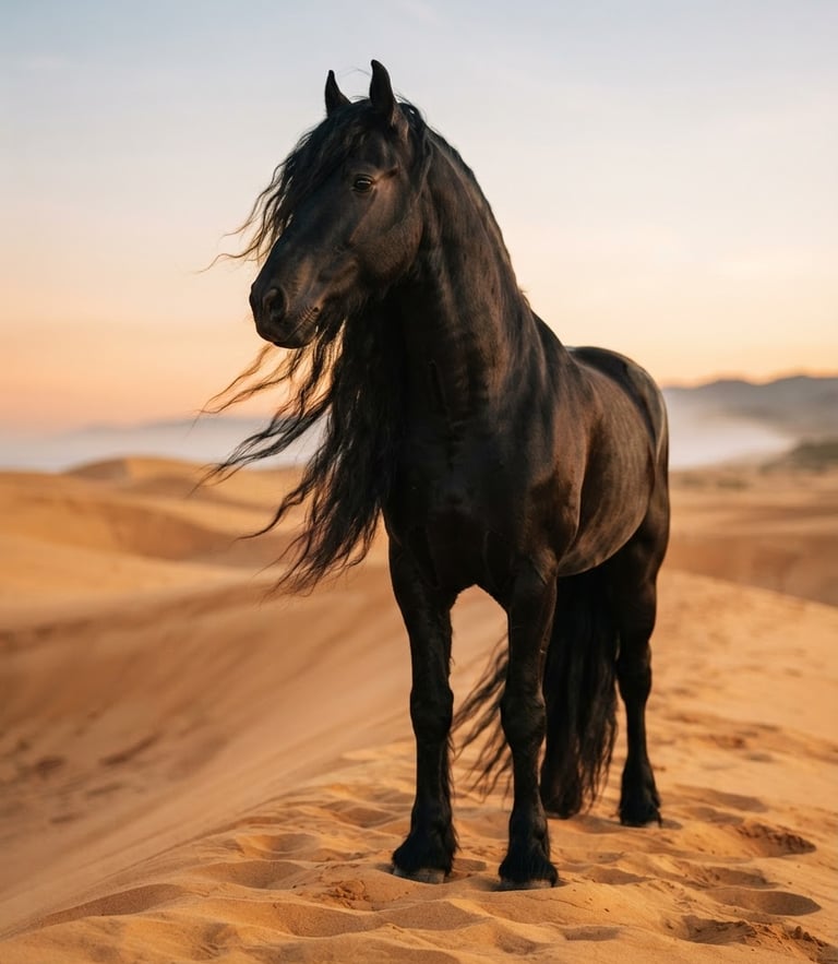 Low-angle majestic portrait of a black Friesian stallion with a flowing mane standing on sand dunes during golden hour, 35mm photography.