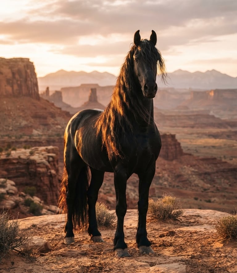 Low-angle golden hour shot of a majestic black Friesian stallion standing proud against the Utah desert landscape, soft morning light illuminating its flowing mane, shallow depth of field, 35mm.