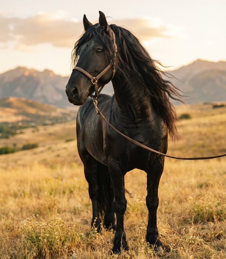 Low-angle portrait of a majestic black Friesian broodmare with a flowing mane, standing in a golden-hour Utah pasture, soft natural light, shallow depth of field, 35mm