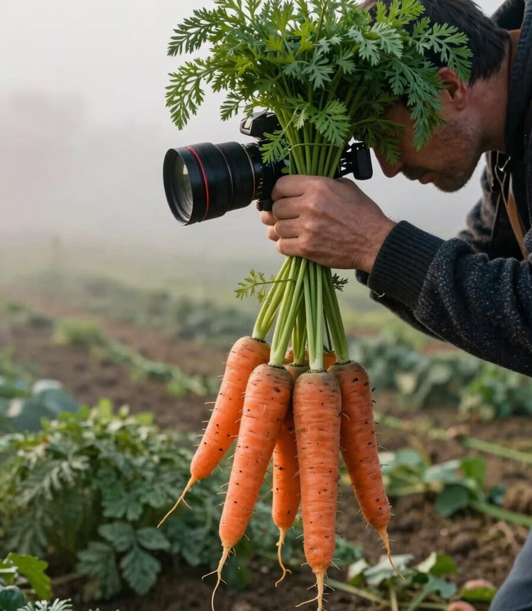 A photographer in a dark wool sweater capturing close-ups of freshly harvested heirloom carrots in a misty organic farm field, soft morning daylight.
