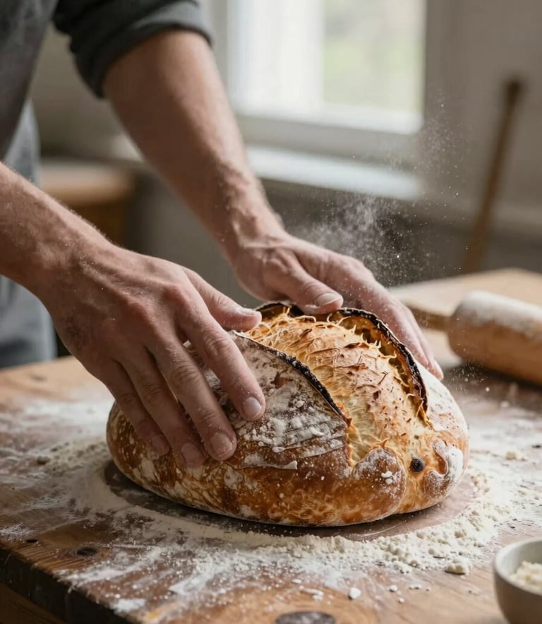 Close-up of hands scoring a fresh sourdough loaf on a rustic wooden table, soft window lighting with flour dusting the air.