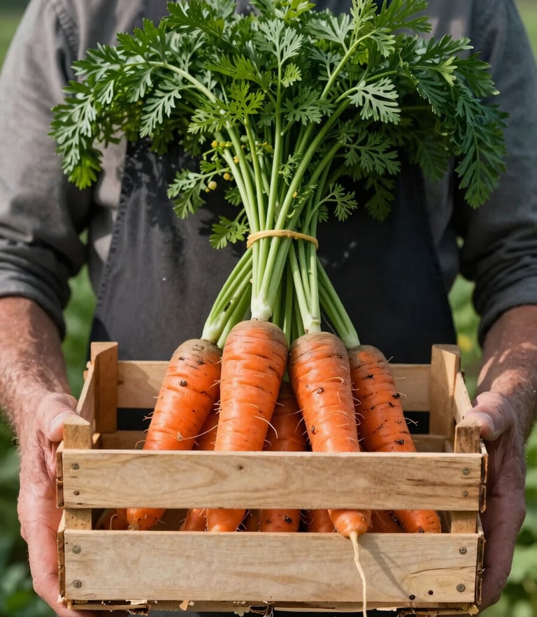 A close-up portrait of an organic grower holding a wooden crate of heirloom carrots, shot in soft diffused Scandinavian daylight with high-contrast shadows.