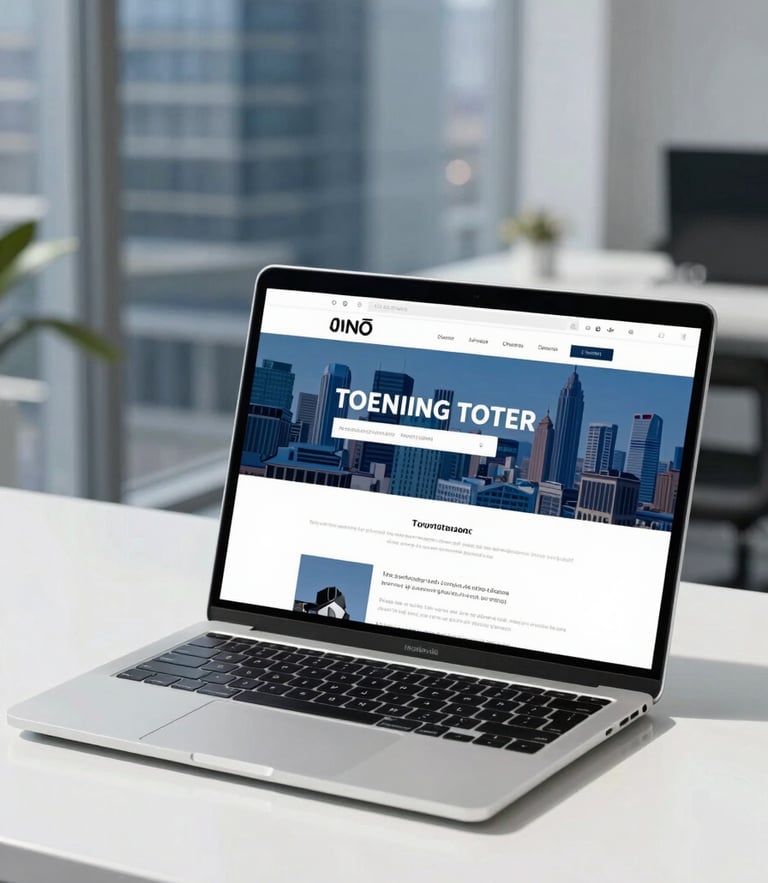 Sleek modern laptop on a white desk, showing a clean website layout, bright daylight, professional corporate atmosphere
