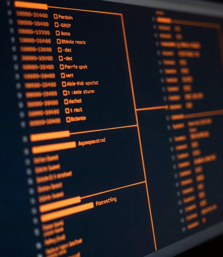 Macro close-up of a high-end developer workspace with glowing orange data lines on a dark screen, technical and high-performance, low-key lighting