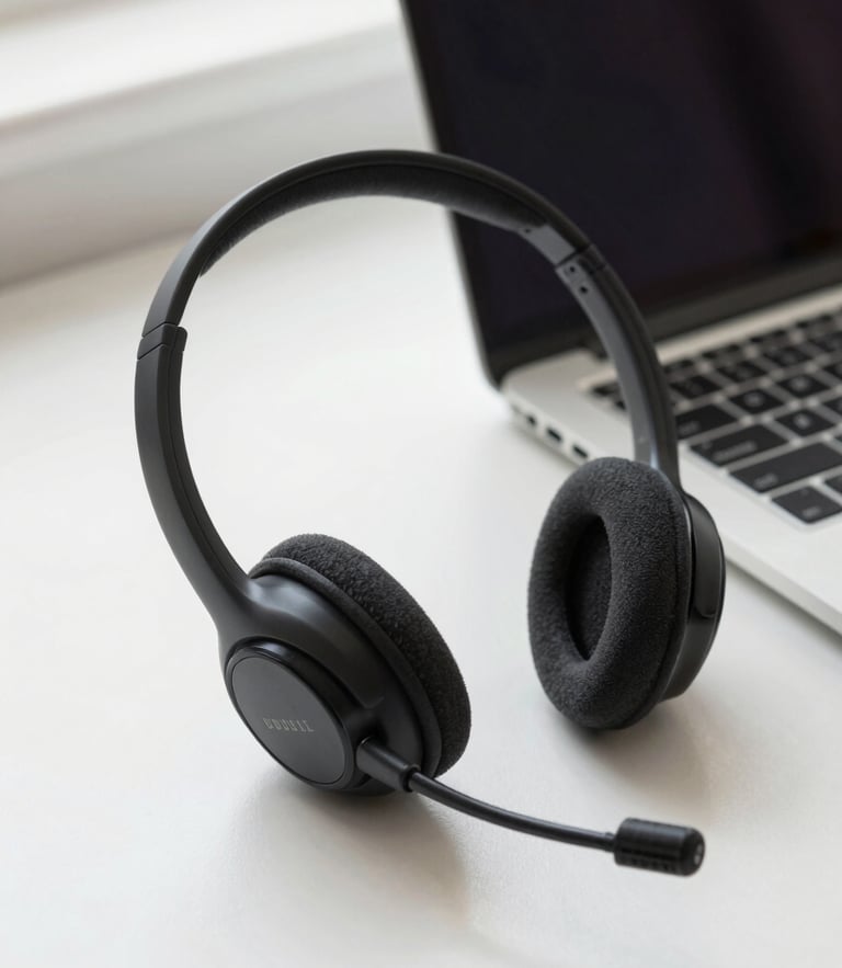 A close-up of a professional noise-canceling USB headset resting next to a modern laptop on a clean desk, soft natural indoor light, authentic editorial photography