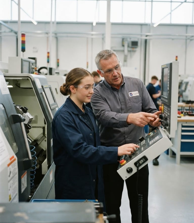 Medium shot of a technical instructor guiding a candidate on industrial machinery, bright crisp lighting, sharp focus, 35mm lens.