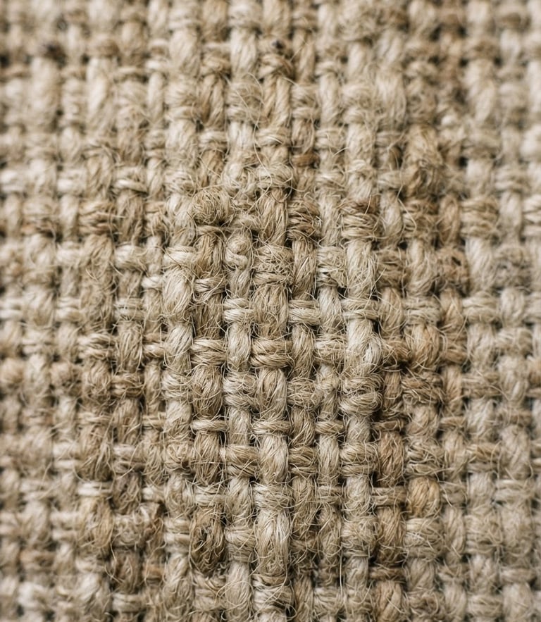 Extreme macro close-up of unbleached oatmeal linen fabric weave, soft natural daylight, tactile fiber detail, 35mm film look