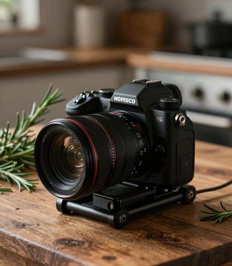 A close-up, high-contrast shot of a camera rig set up on a rustic wooden table in a dimly lit kitchen, side-lit by moody natural light, with fresh rosemary sprigs in the soft-focus background.