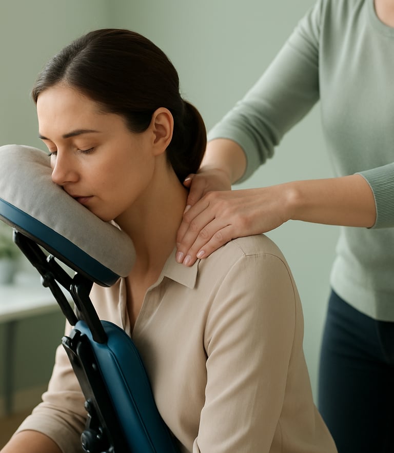 Bright corporate office daylight, a professional employee in business casual receiving a seated Amma massage on an ergonomic chair, close-up on hands applying precise pressure to the shoulders and neck, soft sage green background, shallow depth of field.
