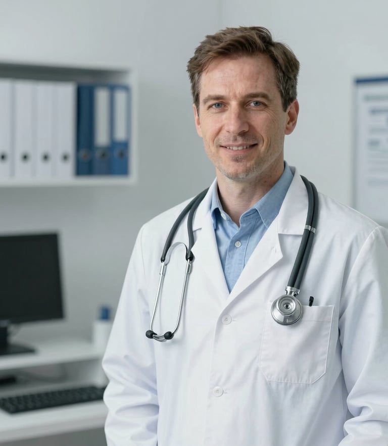Professional portrait of a clinical doctor in a modern bright medical office, soft daylight, shallow depth of field