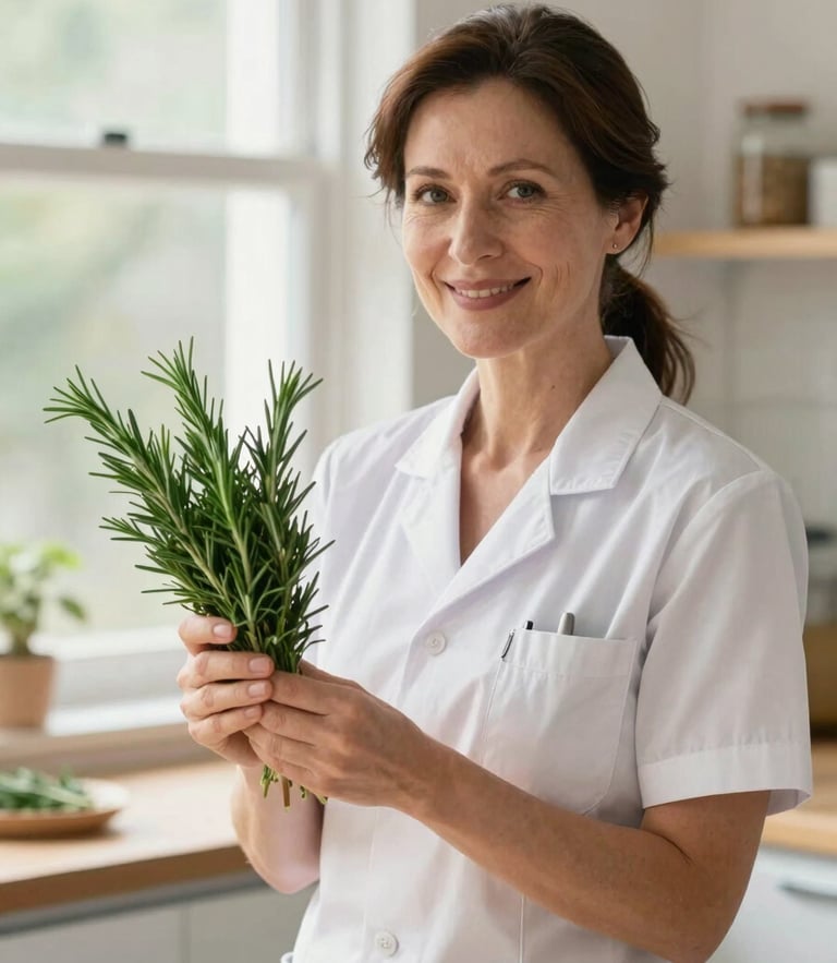 A warm kitchen portrait of a female dietitian in her 40s smiling, holding a fresh bunch of rosemary, soft window daylight, vibrant organic colors, shallow depth of field, 35mm