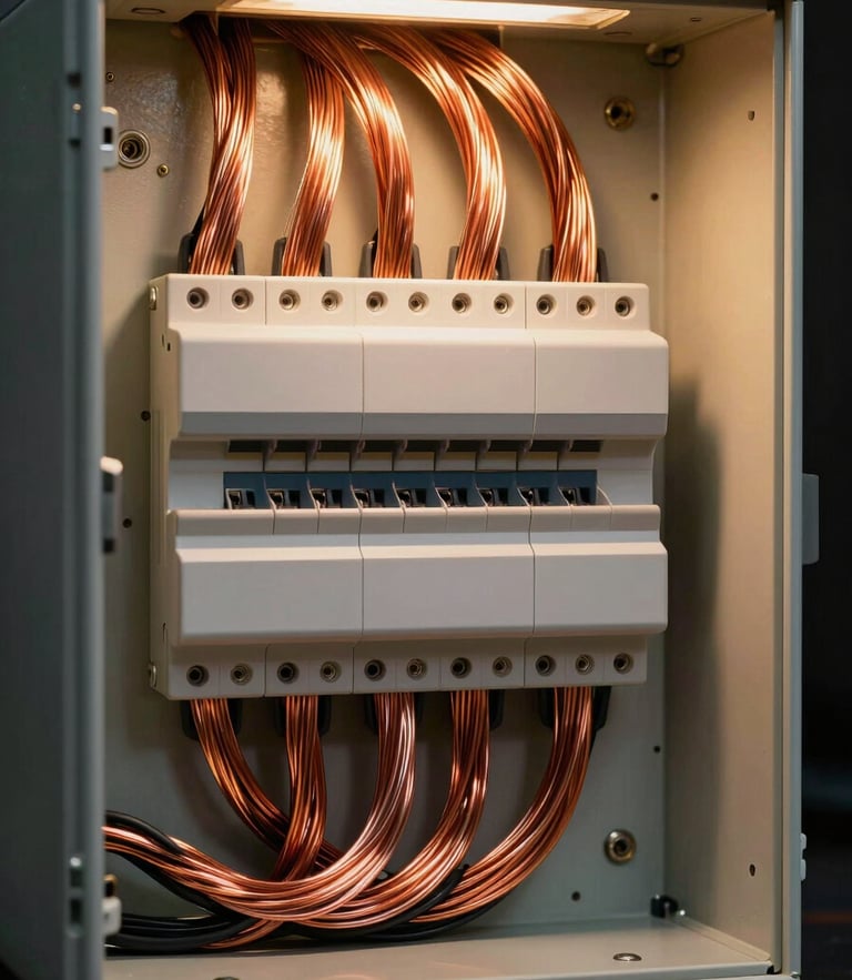 Perfect parallel copper wiring inside a modern electrical panel, perfectly combed cables, clean technical layout, high-contrast warm golden lighting on dark background