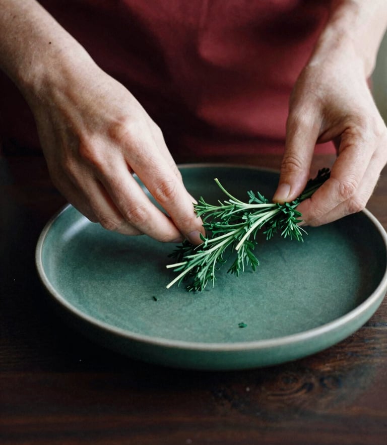 Hands styling a minimalist Scandinavian dish with fresh herbs under soft natural side-light, high-contrast matte finish, 35mm film