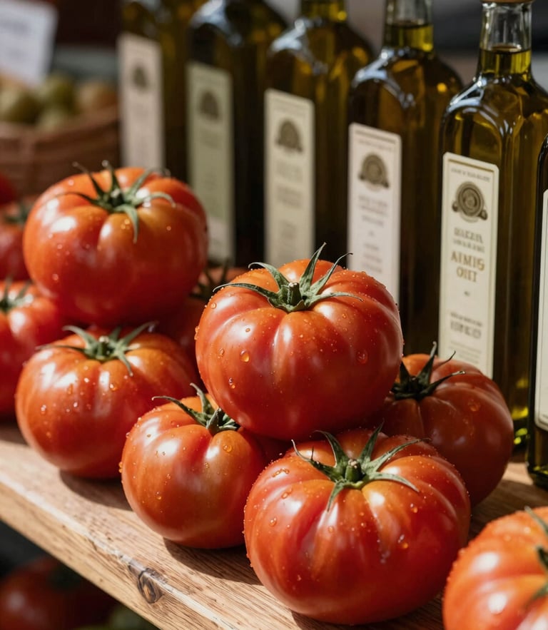 Close-up portrait of hand-stacked heirloom tomatoes and artisanal olive oil bottles on a rustic wooden market shelf, soft natural side-light casting deep shadows, Scandinavian style.