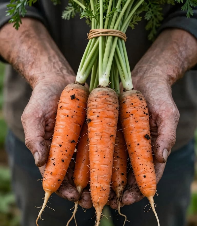 Close-up of weathered hands holding a bunch of freshly harvested heirloom carrots with rich soil still clinging to the roots, soft overcast morning light.