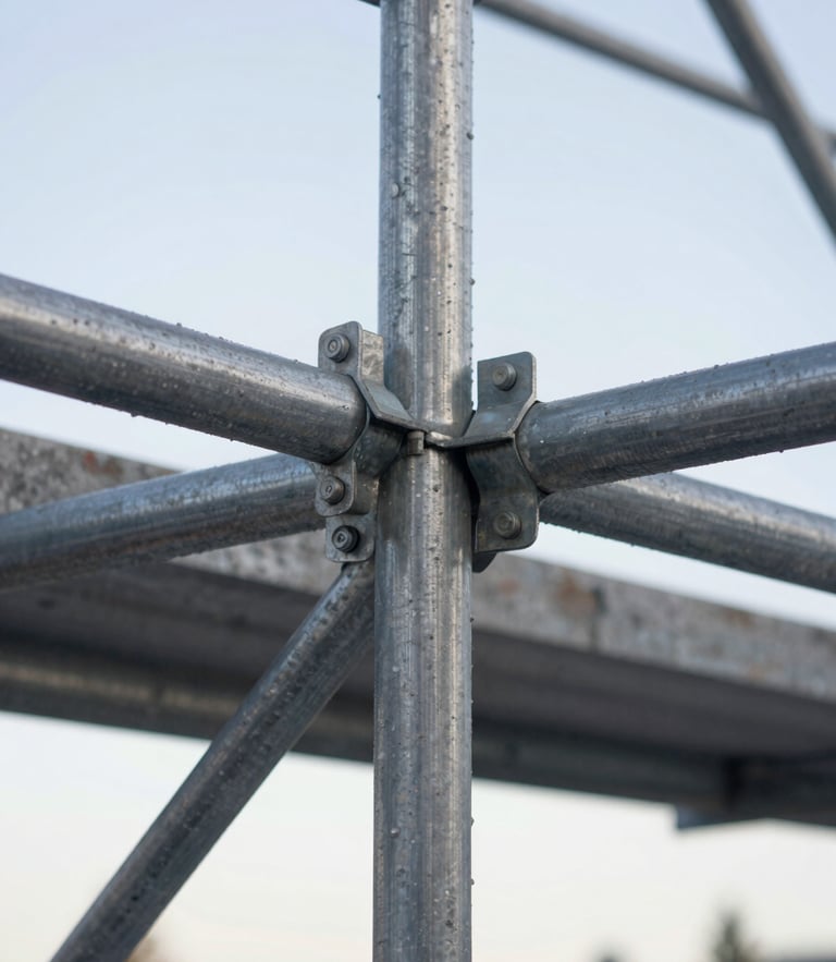 Close-up of secure steel scaffolding joints and structural pipes against a crisp morning Stockholm sky, industrial focus, 35mm lens