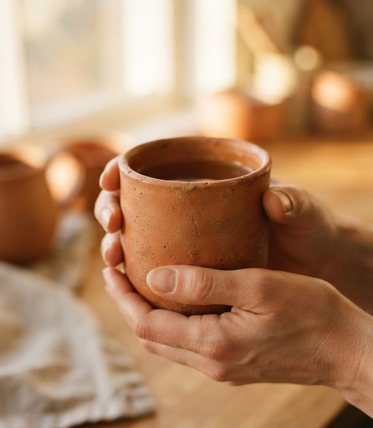 Close-up of a warm terracotta mug held in two hands, golden-hour window light highlighting the physical texture of the clay, shallow depth of field, 35mm
