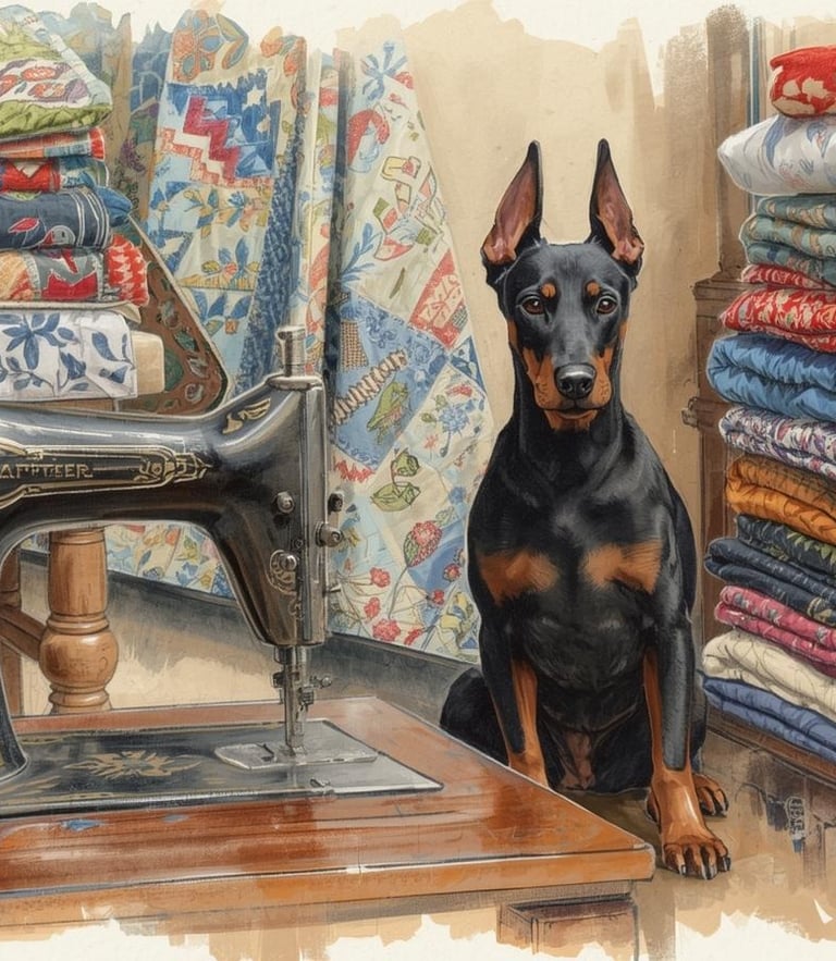 A Doberman Pinscher sits next to a vintage sewing machine and stacks of colorful handmade quilts.