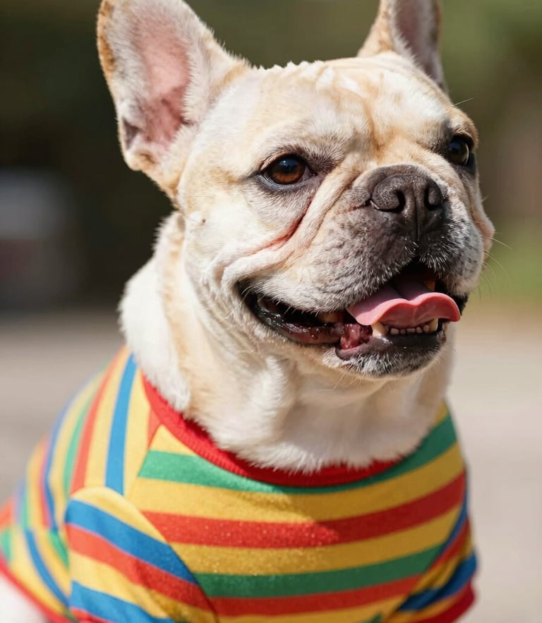 Close-up eye-level portrait of a happy French Bulldog wearing a colorful handmade striped t-shirt, bright natural daylight, vibrant saturated colors, shallow depth of field