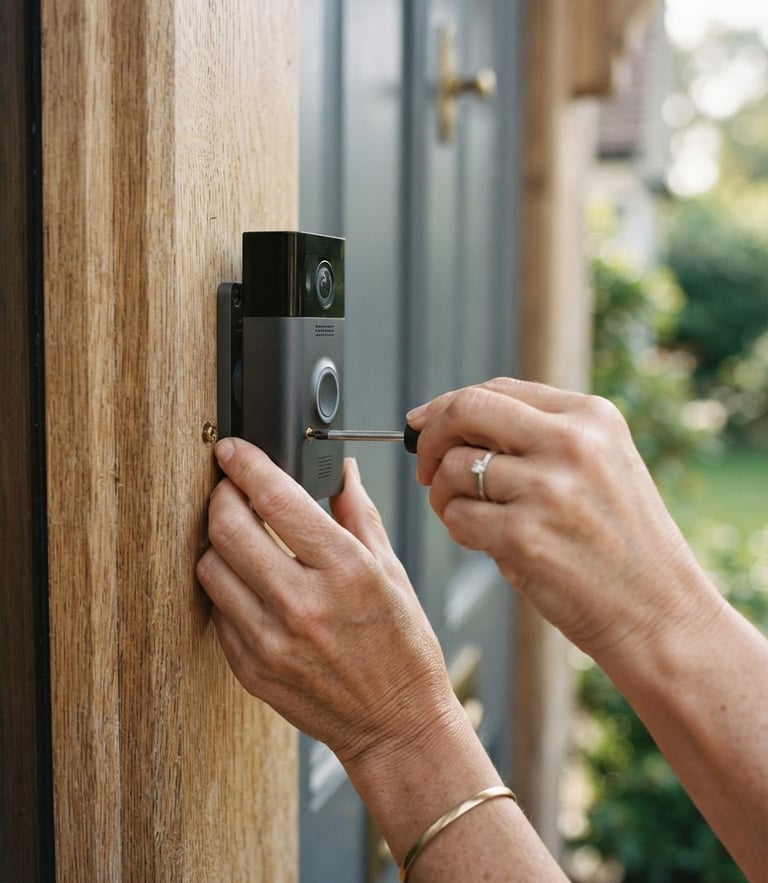A close-up of hands carefully mounting a smart doorbell camera onto a warm wooden doorframe, soft natural morning light.