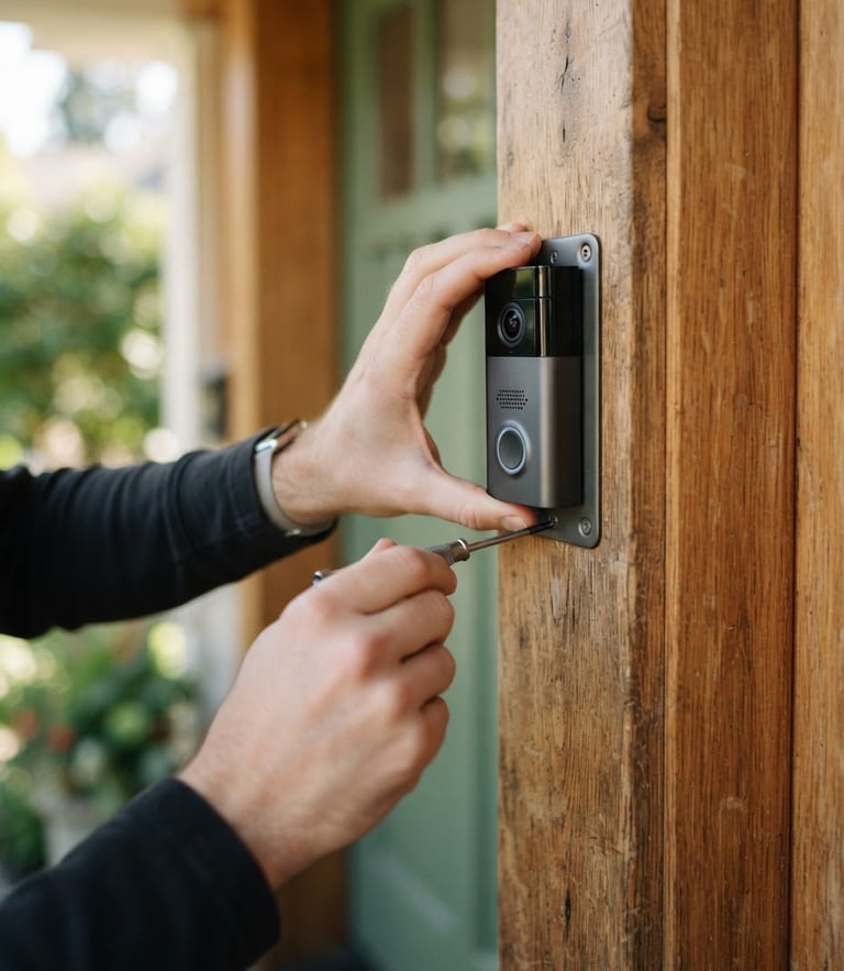 Close-up of hands adjusting a smart doorbell camera on a warm wooden door frame, soft natural daylight, shallow depth of field.