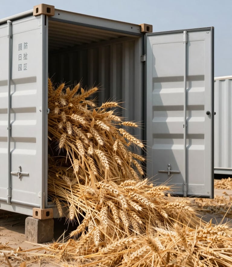 Wide-angle daylight shot of raw golden wheat pouring into a modern industrial shipping container, high-contrast sunlight, clean metallic textures.