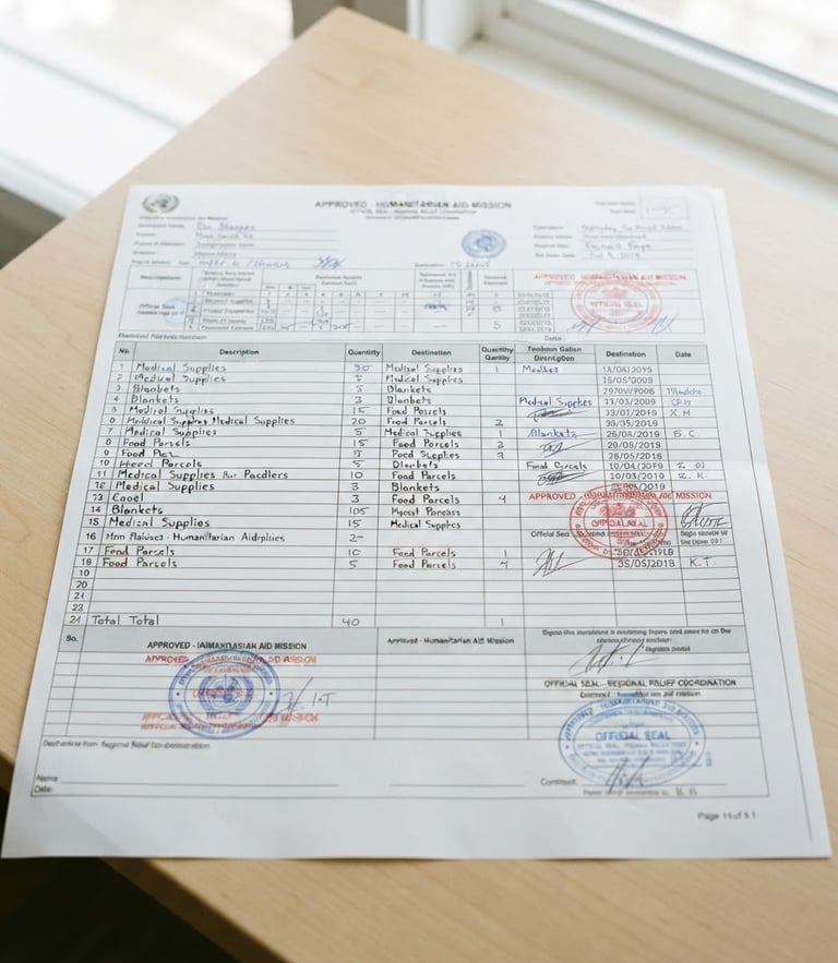 Straight-on documentary shot of a physical aid delivery manifest with official stamps, high-key studio lighting, clean white and silver tones, sharp focus, 35mm