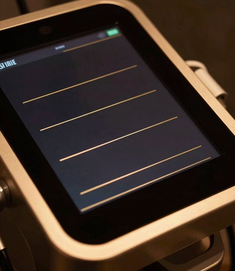 Macro close-up of a luxury medical aesthetic device touch screen showing gold interface lines, dark reflective glass, dramatic low-key studio lighting with gold rim light