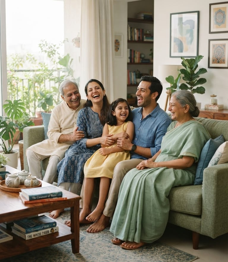 A modern Indian family sitting together in a sunlit living room, laughing naturally, soft blue and green tones, clean editorial photography, 35mm