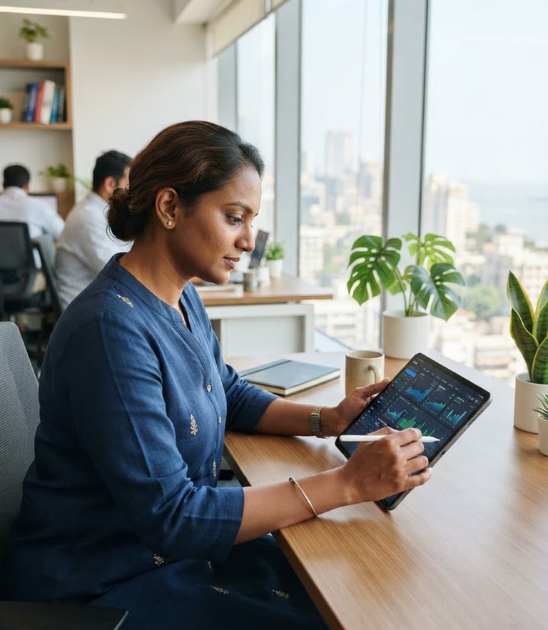 A professional Indian wealth advisor in a clean, sunlit modern office, reviewing a digital dashboard on a tablet, bright natural daylight, 35mm