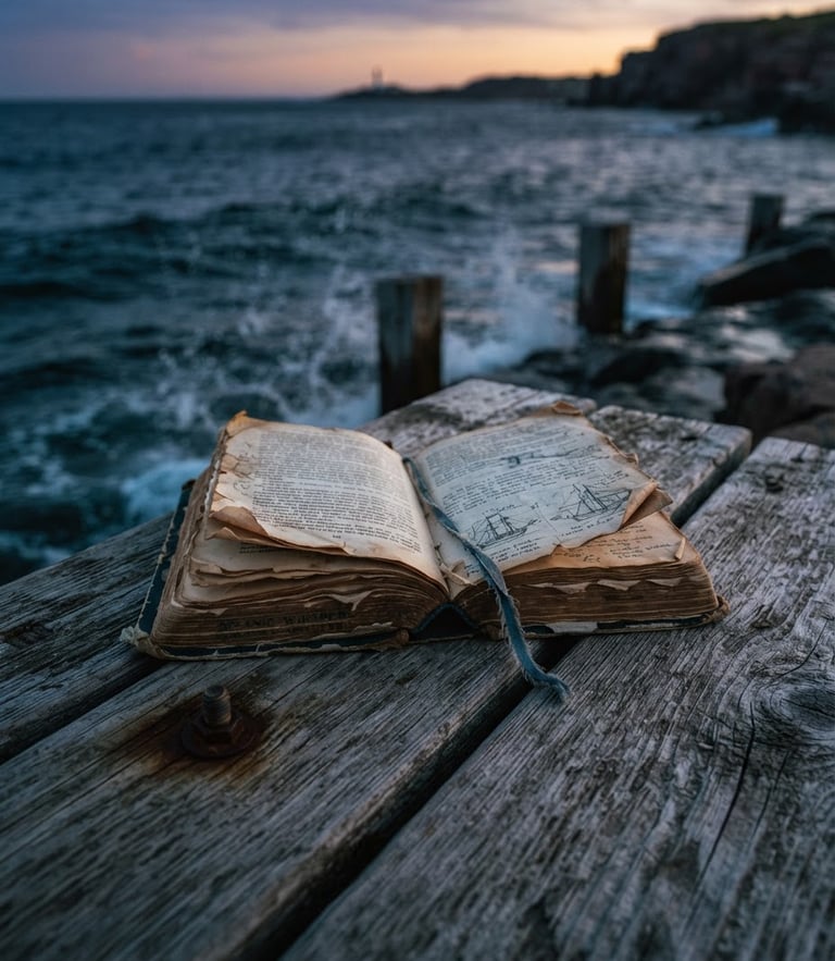 A close-up of a weathered book lying open on a salt-scoured wooden dock at twilight, ocean water softly splashing in the background, moody 35mm film grain.