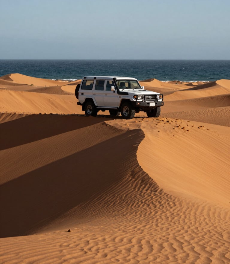 Low-angle shot of a pristine white 4x4 parked on a towering ochre dune ridge, deep graphic shadows, harsh midday light, vast Atlantic ocean visible in the background.