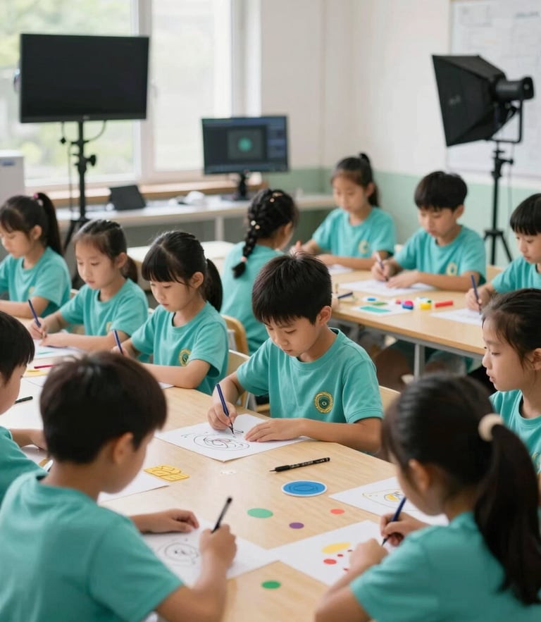 Dynamic wide shot of children participating in an organized creative workshop under bright natural light, with professional monitors in clean teal uniforms.