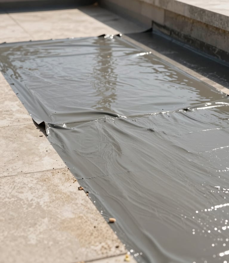 Close-up of a professional applying high-quality waterproofing membrane to a concrete roof terrace, bright natural daylight, sharp focus, editorial construction photography