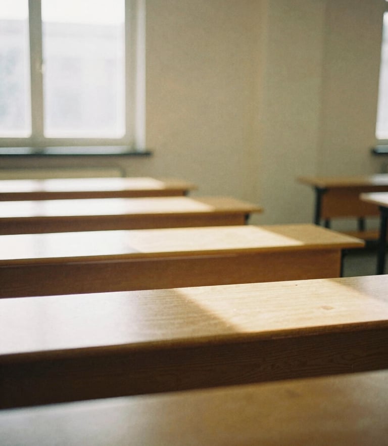 A quiet, warm editorial photograph of an empty, sunlit university seminar room with oak tables, soft window light, 35mm film grain.