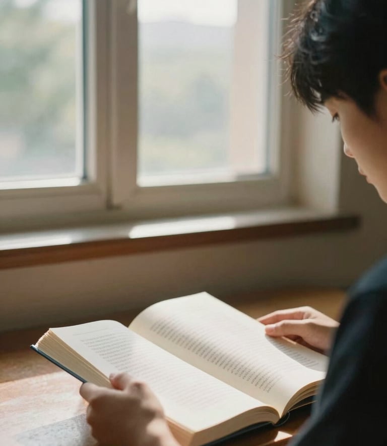 A close-up documentary photograph of a student reading in a sunlit university library, soft window light, warm editorial tones, shallow depth of field.